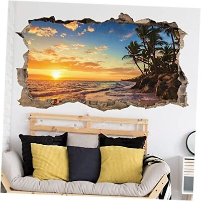 #ad Sunset Wall StickerBeach Wall Decals3D Broken Wall Sun Beach Yellow Sunset $26.99