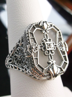 #ad Art Deco Ring 1930s Camphor Glass Sterling Silver Victorian Filigree Custom 203 $55.00