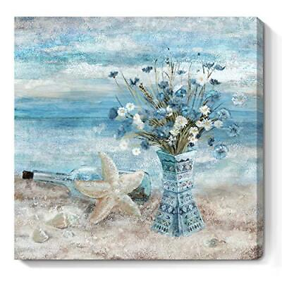 #ad Bathroom Decor Wall Art Blue Beach Picture Ocean Theme Flower Canvas Print Moder $22.94