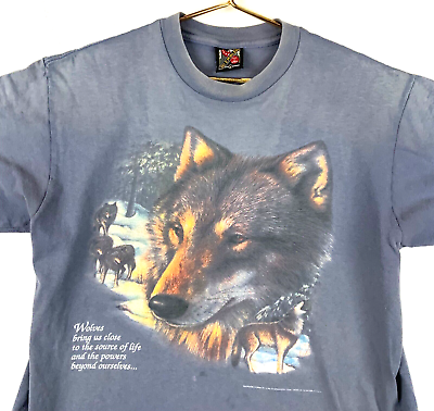#ad Vintage 3D Emblem Wolves T Shirt Size Large Blue Single Stitch Made In Usa $29.99