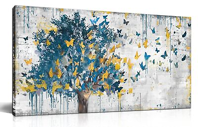#ad #ad Large Canvas Wall Art Blue Tree Golden Butterflies Picture Abstract Grey Graf $76.54