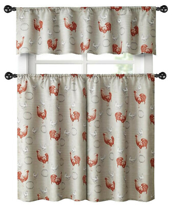 #ad Country Farmhouse Red Rooster Barn 3 Pc. Kitchen Curtain Tier amp; Valance Set $17.99