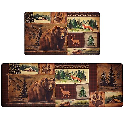 #ad ASPMIZ 2 Pieces Farmhouse Kitchen Rugs Non Slip Rustic Lodge Bear Moose Deer... $77.88
