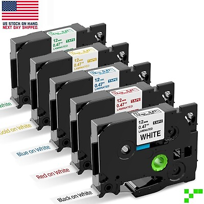 #ad 5x Tape for Brother P Touch TZe Label Maker 12mm Black Red Blue Green Gold Print $9.86
