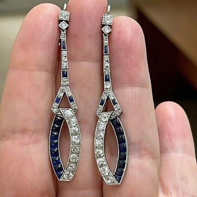 #ad Art Deco Style Lab Created Diamond amp; Sapphire Drop Dangle 925 Silver Earrings $68.88