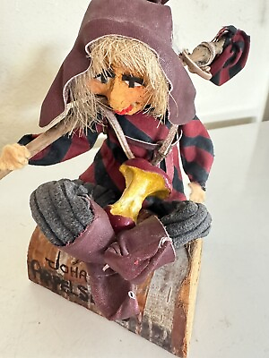 #ad Vintage witch sitting on wood Denmark Folk Art Kitchen Witch Handmade? Johanny $19.99