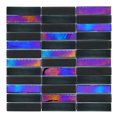 Black Crystal Glass Mosaic Tile Iridescent Matte Blend Stacked Wall Backsplash $3.99
