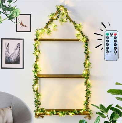 #ad Rustic Hanging Wall Decor With Lights amp; Garland 3 Tier Wooden Shelves NEW $19.99