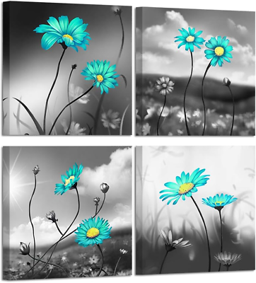 #ad HOMEOART Teal Daisy Black and White Flower Canvas Wall Art Picture Prints on Can $42.20