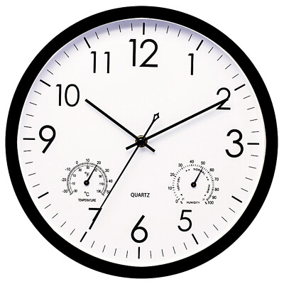 #ad Large 12 inch Modern Battery Wall Clock Quartz Silent w Thermometer Hygrometer $17.88