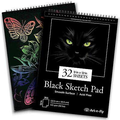 #ad Art N Fly 32 Sheets Black Sketch Pad 9x12 Sketchbook Drawing Paper Perforated $22.81