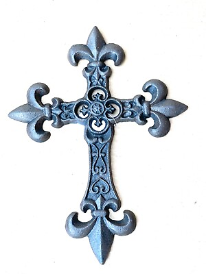 #ad Cast iron Fleur de Lis wall cross rustic decoration 10.5 X 8 Inches $29.99