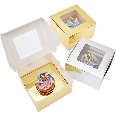 #ad 24 Pack Glossy Bakery Cupcake Boxes With Window Inserts Gold Silver 5x3x5quot; $21.89