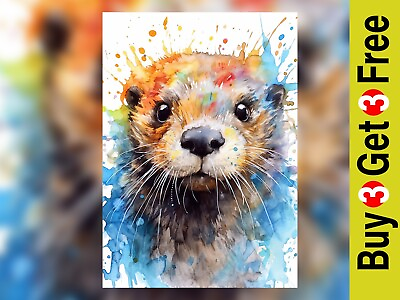 #ad Vibrant Otter Portrait Watercolor Art Home Decor Wall Painting Print 5quot; x 7quot; GBP 4.99