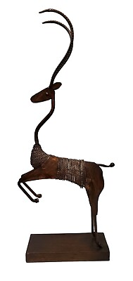 Vintage Tall Abstract Metal Antelope Sculpture 20quot; on wood base $199.95