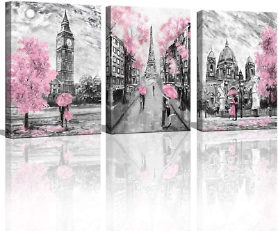 #ad Black and White Canvas Wall Art for Living Room Bedroom Bathroom Girls Pink Pari $57.15