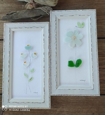 #ad Pebble Art flowers framed 2 pcSea glass wall art decor home decor gift newhome $46.00