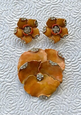#ad Vintage Flower brooch amp; earrings enamel on gold tone metal $38.00