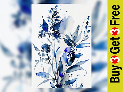 #ad Elegant Blue Floral Watercolor Art Print 5x7 Chic Home Decor Wall Art GBP 4.99