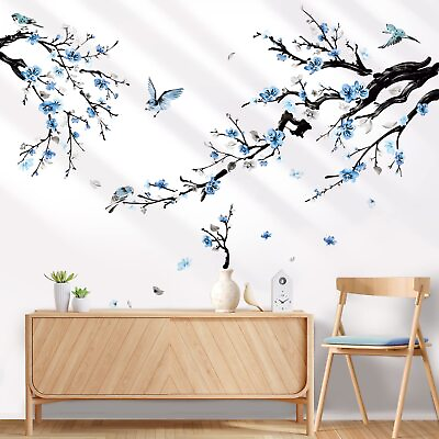 #ad #ad Watercolor Flower Tree Branch Wall Stickers Blossom Blue Floral Birds Peel an... $23.73