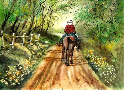 #ad #ad ORIGINAL Cowboy Riding On A Country Lane Western Art Cowboy Art Country Art $150.00