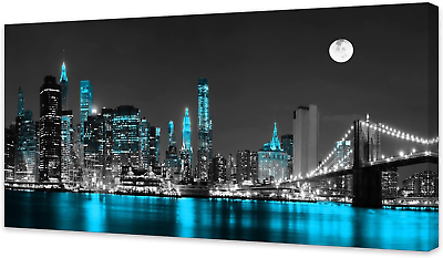 #ad #ad Wall Art Decor Canvas Print Picture 1 Panel Black White and Blue New York Brookl $83.27