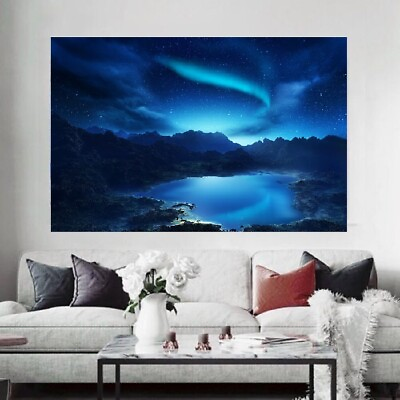 #ad Northern Lights Lake Stars Landscape Wall Art Framed Canvas Picture $33.83