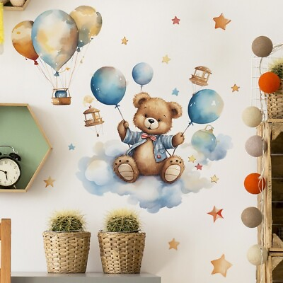 #ad Cartoon Bear Wall Decals Balloon Stars Sticker Kids Baby Child Nursery Decor $8.99