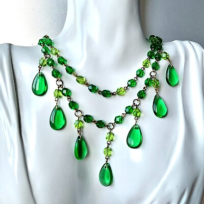 #ad Green Necklace 18#x27;#x27; Czech Glass Old Beads Women`s Jewelry Art Deco $55.00
