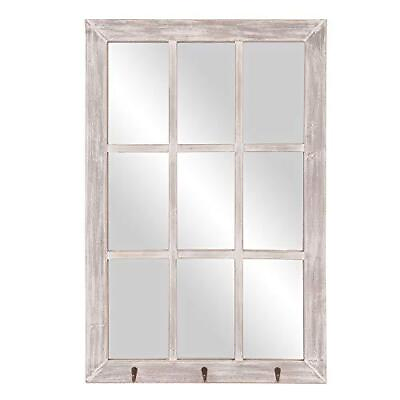 #ad Patton Wall Decor 24x36 Distressed White Windowpane Wall Mirror with Hooks $96.19