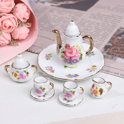 #ad 8Pcs set Dollhouse Kitchen Flowers Printing Porcelain Miniature Coffee Tea Se Pe C $10.18