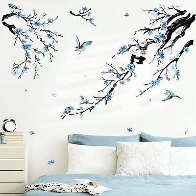 #ad Watercolor Flower Tree Branch Wall Stickers Blossom Blue Floral Birds Peel and S $22.52