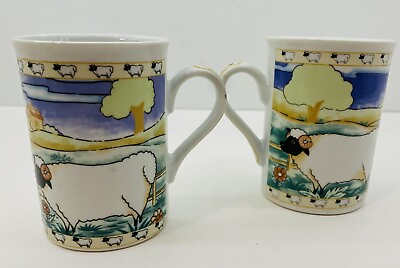 #ad 2 Vintage Pretty Rustic Ram Sheep in a Colourful Field Countryside Mugs Cup $10.41
