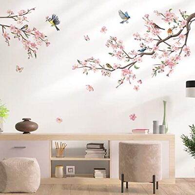 #ad Flower Branch Wall Stickers Pink Blossom Floral Birds Wall Decals Kids A $24.28