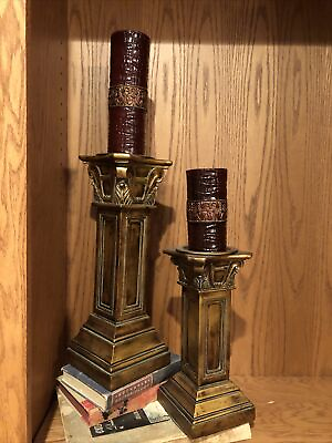 #ad Pair Large Pillar Column Candle Holders Heavy Resin Ornate Rustic Decor 12” 16” $64.99