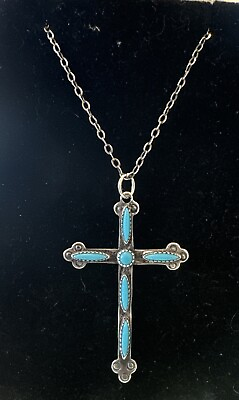 #ad Sterling Fred Harvey Era Vintage Turquoise Cross Pendant 18quot; $35.00