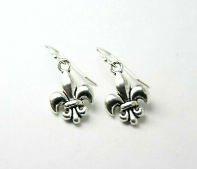 #ad Fleur De Lis Charm Earrings .925 Sterling Silver Hooks Pewter Charms 1 1 8quot; $7.24