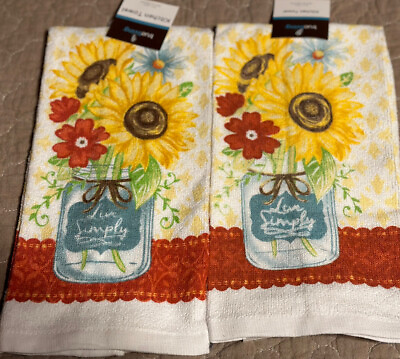 #ad Lot Of 2 New Kitchen Towels “Live Simply” Sunflower Design Colorful Cotton $8.95
