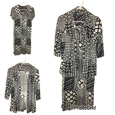 #ad Vintage 70s Two Piece Dress Set Black Geometric Shift Dress and Matching Jacket $44.00