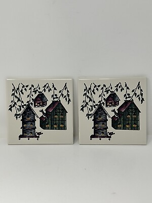 #ad Home and Garden Party Birdhouse Ceramic Trivet Tile Kitchen Decor Set Of 2 $18.00
