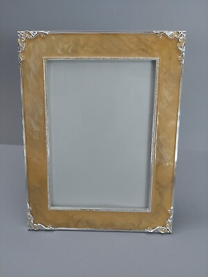 #ad Ornate Picture Frame Enameled Look Over Metal Yellow Silver Vtg Style Easel 5x7 $15.15