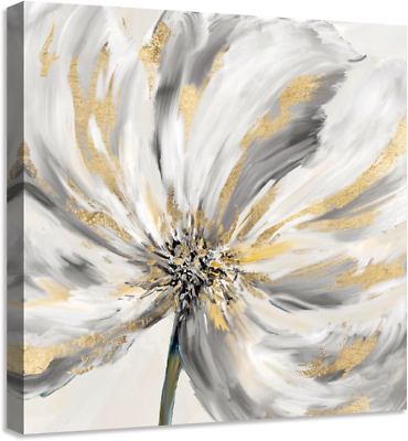 #ad #ad Abstract Flowers Decor Wall Art White Floral with Gold Gray Picture Canvas Print $16.24