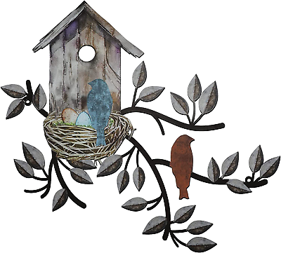 #ad birds wall decor metal tree with birdhouse wall art hanging outdoor wall brown $15.82