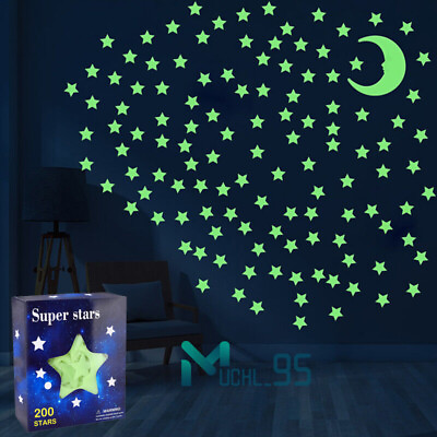 #ad 200 Pcs Glow In The Dark Stars Moon Stickers Bedroom Wall Room Ceiling Decor DIY $9.71
