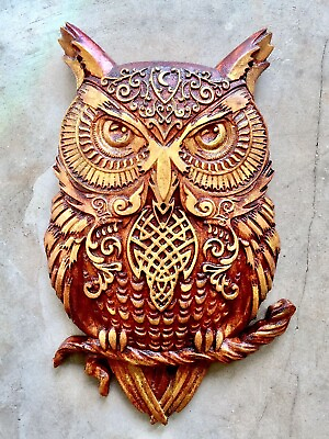 #ad wood carved golden owl sculpture home wooden wall art decor plaque figurine $39.00