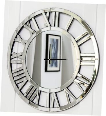 #ad 24quot; Large Wall Clock Silver Mirrored Clock for Living Room Round 24 inch $268.82