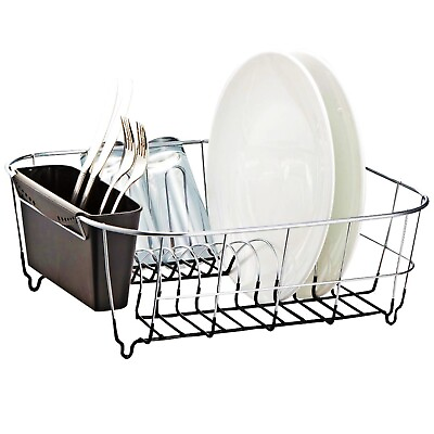 #ad Kitchen Steel Over Sink Dish Drying Rack with Cutlery Holder Drainer Organizer $21.99