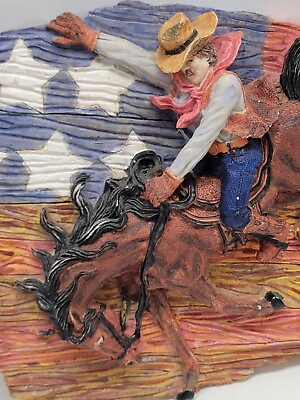 #ad 3D Wall Plaque Decor Cowboy on a Bucking Bronco Rodeo American Flag Handpainted $33.59