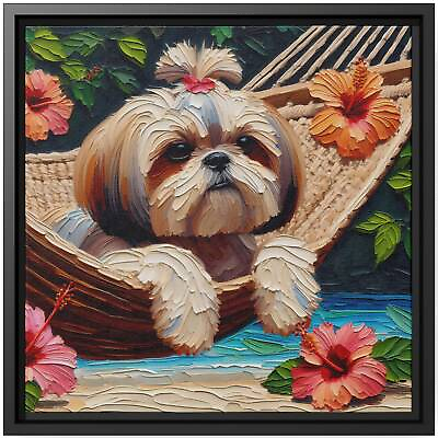 #ad #ad Wall Art Decor Canvas Print Oil Painting Dog Shih Tzu Hammock Hibiscus Tropical $148.78