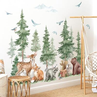 #ad Mountain Tree Wall Stickers Large Pine Tree Forest Animal Bear Fox Peel and S... $36.09